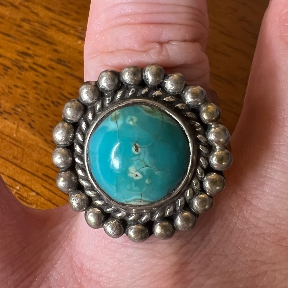 Old Pawn Round Blue / Green Turquoise Sterling Silver 925 Ring, Size 11.5